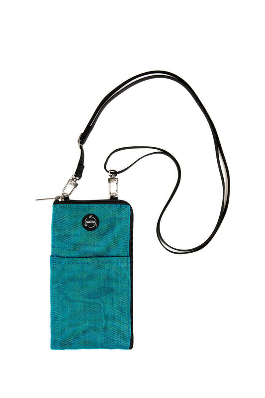 A Smateria Key crossbody bag in Petrol Blue net
