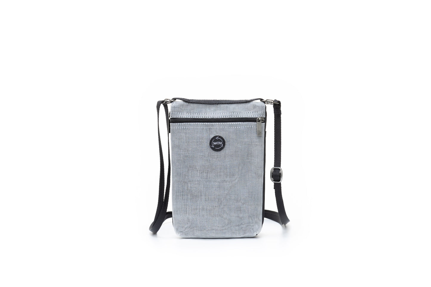 Silver Dash crossbody bag with black straps on a white background