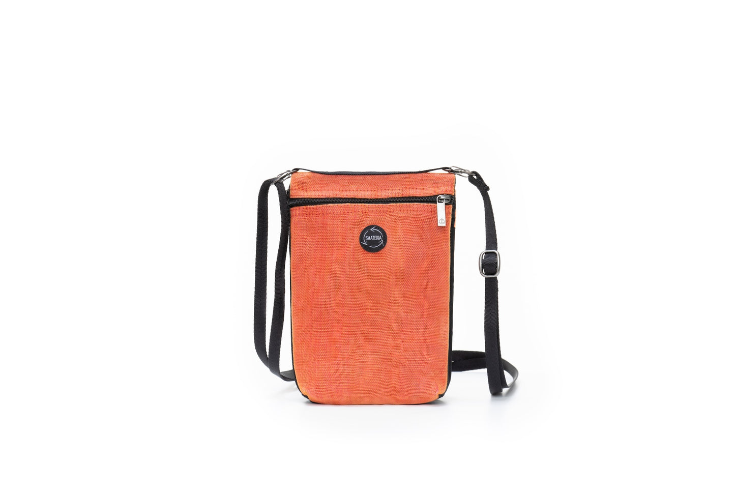 Red/Orange Dash crossbody bag with a black strap on a white background