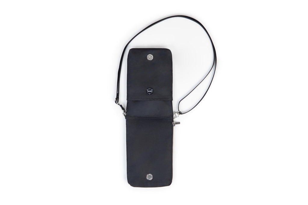 Black Dash crossbody bag with a strap on a white background