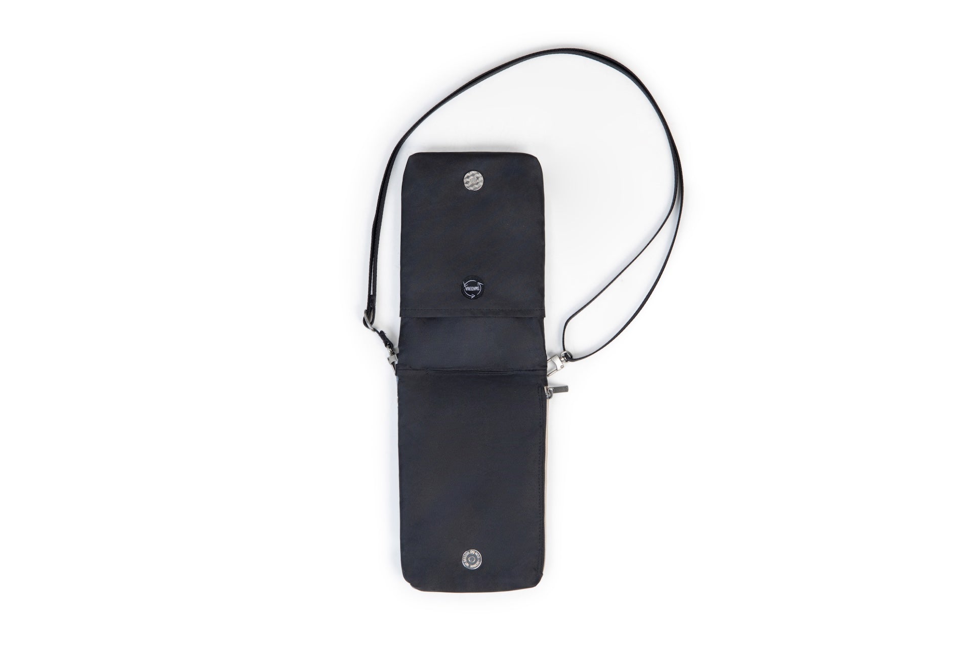 Black Dash crossbody bag with a strap on a white background