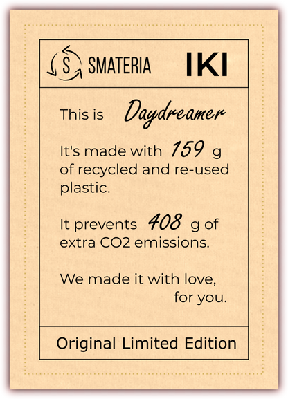 A Smateria Daydreamer bag tag showing the amount of reused and recycled plastic used to make the bag and the C02 emissions prevented. Made with love for you.