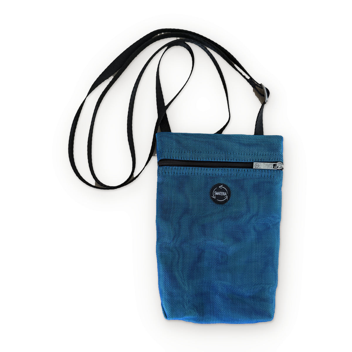 Smateria Dinghy phone bag in Petrol Blue with adjustable black crossbody strap, front view