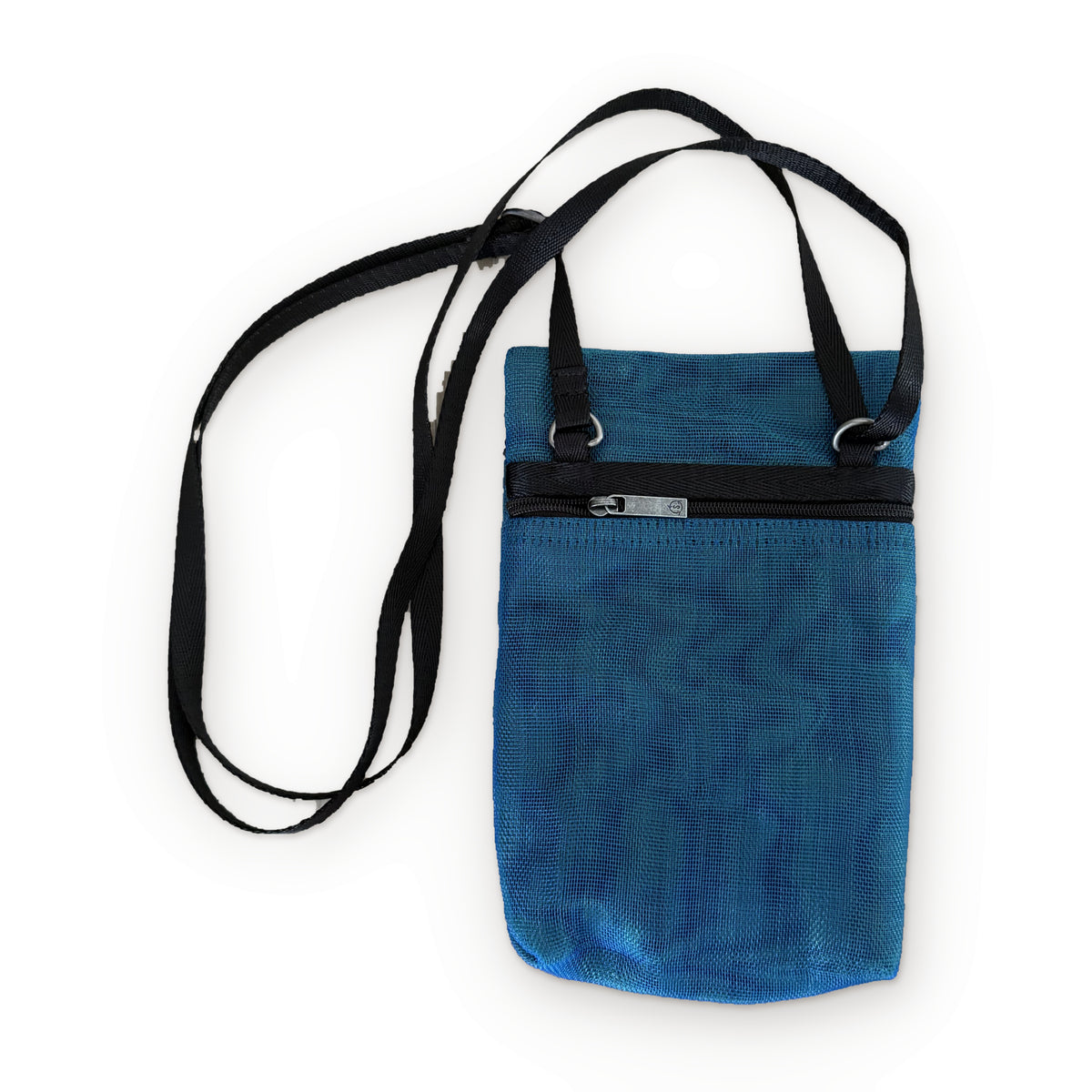 Back of the Smateria Dinghy phone bag in Petrol Blue, showing the back zip pocket and strap rings