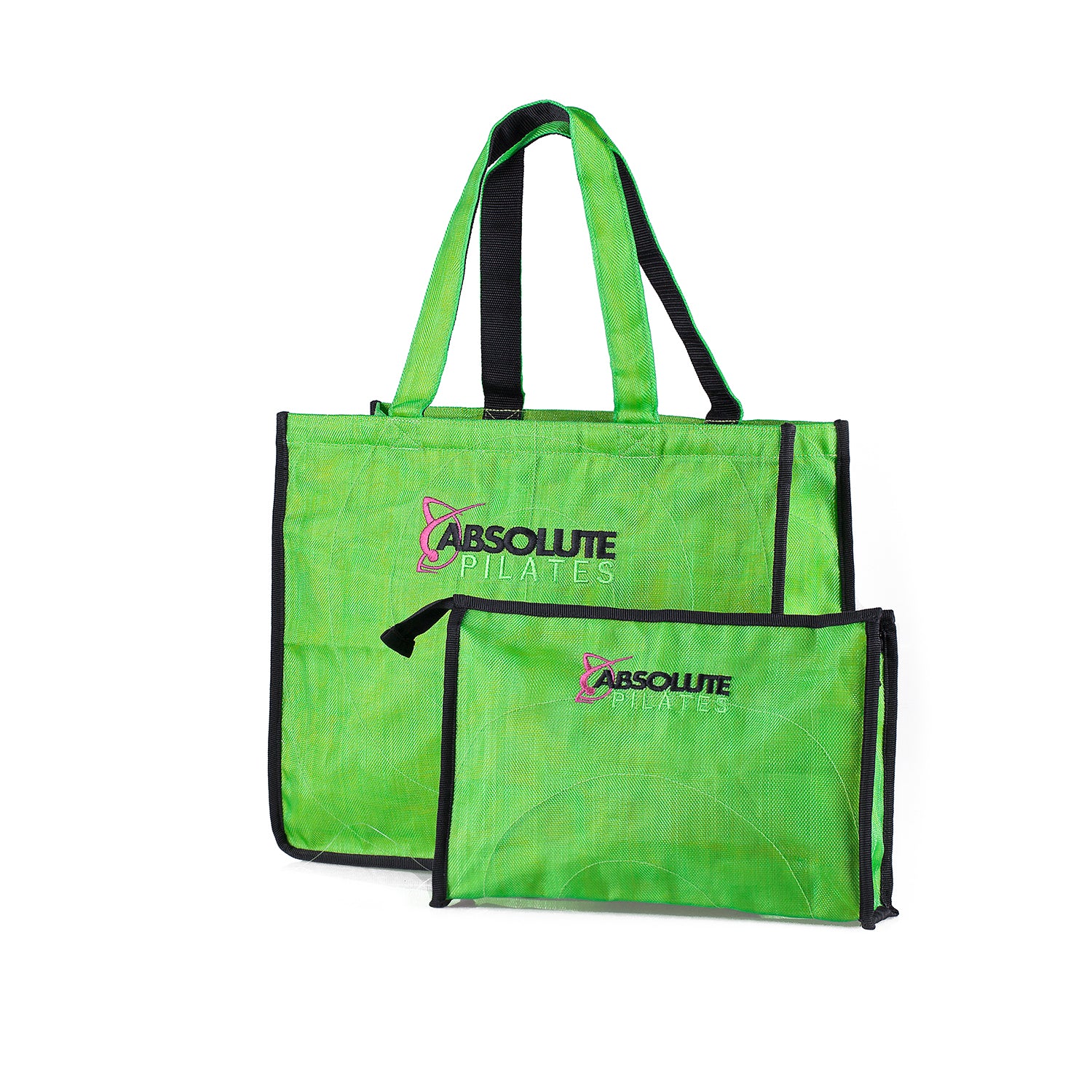 Green tote bag with 'Absolute Pilates' logo on a white background