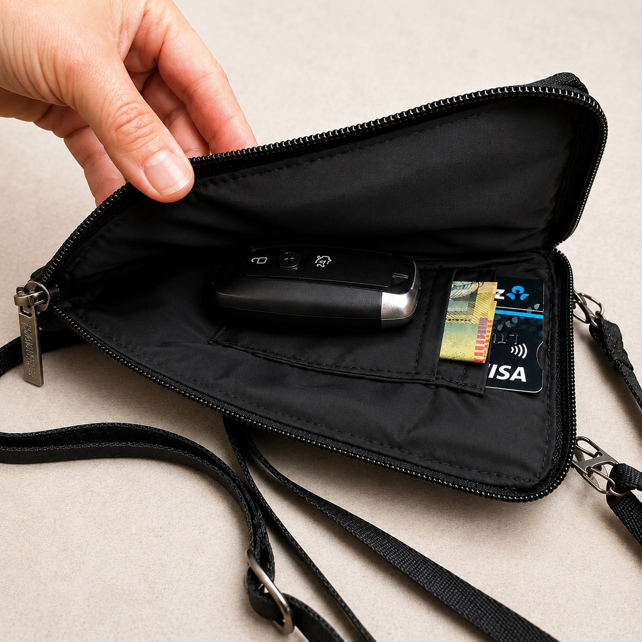 Smateria Key crossbody phone bag with car key, money and card held open by a hand